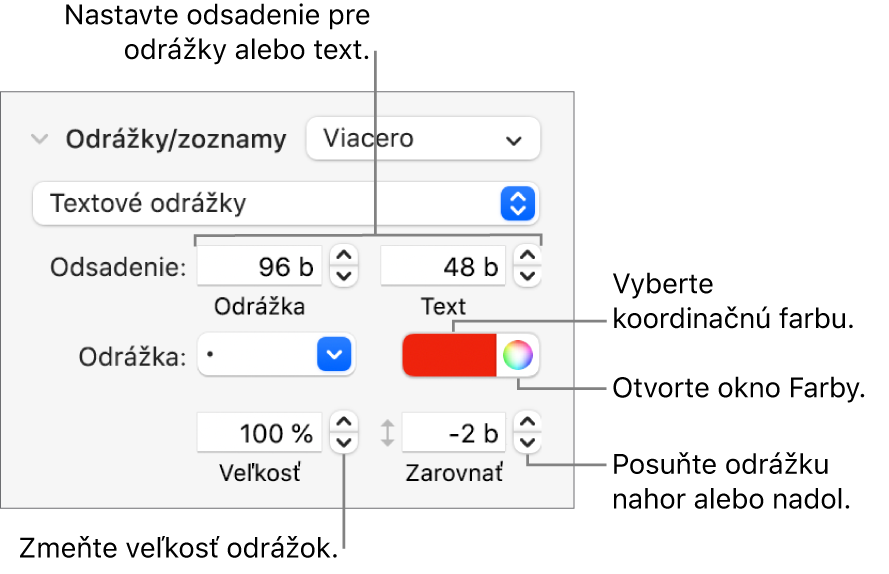 Časť Odrážky a zoznamy s bublinami popisujúcimi ovládacie prvky pre odsadenie odrážky a textu, farbu odrážky, veľkosť odrážky a zarovnanie.