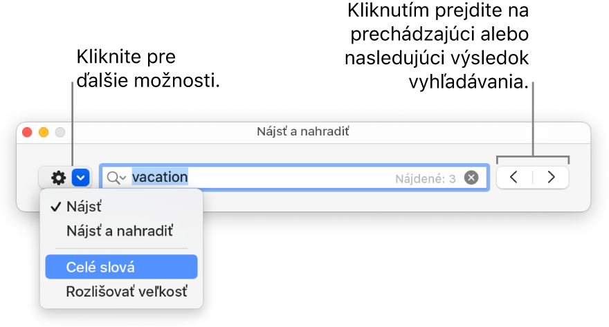 Okno Nájsť a nahradiť s vyskakovacím menu zobrazujúcim možností Hľadať, Hľadať a nahradiť, Celé slová a Rozlišovať veľkosť. Šípky napravo umožňujú preskočiť na predchádzajúce alebo ďalšie výsledky vyhľadávania.