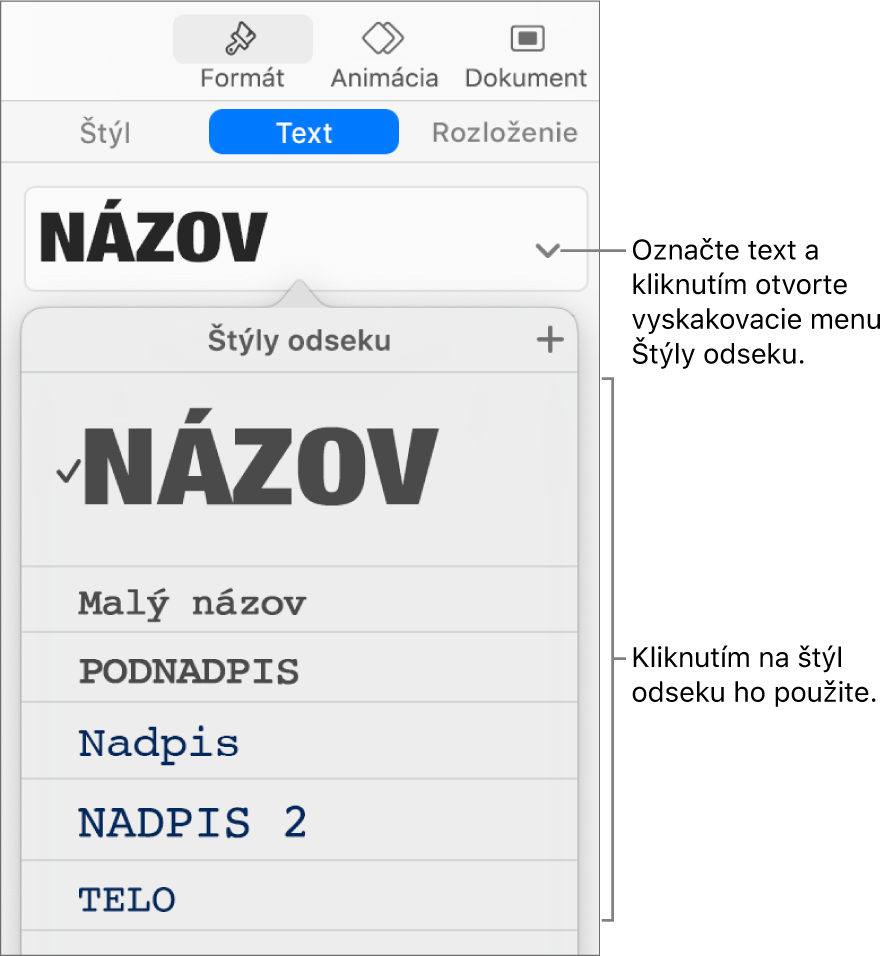 Menu Štýly odseku so symbolom zaškrtnutia vedľa označeného štýlu.