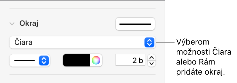 Ovládacie prvky Štýl okrajov v postrannom paneli Formát s vybraným typom okraja Čiara.