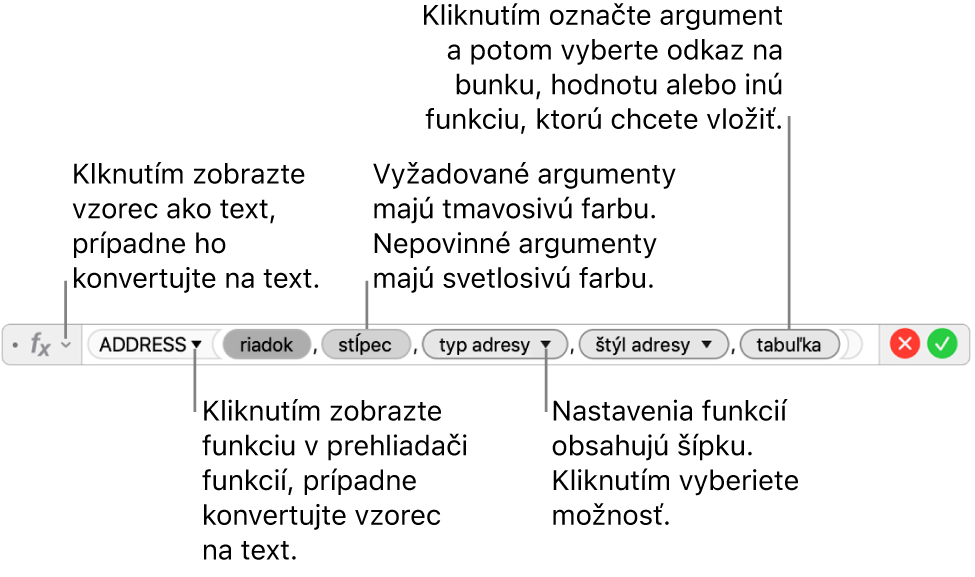 Editor vzorcov so zobrazenou funkciou ADDRESS a tokenmi jej argumentov.