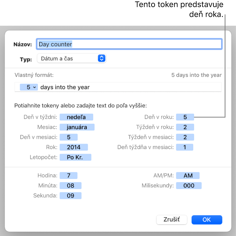 Okno vlastného formátu bunky s ovládacími prvkami na vytvorenie vlastného formátu dátumu a času.