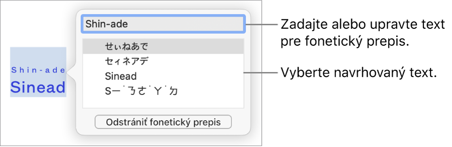 Otvorený fonetický prepis pre označené slovo s textovými bublinami na textovom poli a odporúčaný text.
