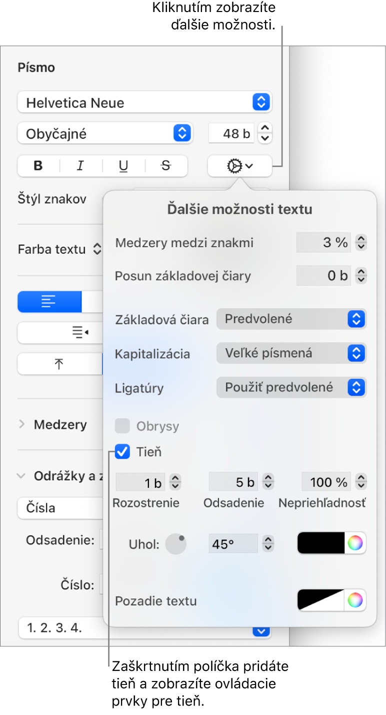 Menu Rozšírené možnosti otvorené so zaškrtnutým políčkom Tieň a ovládacími prvkami pre nastavenie rozostrenia, odsadenia, nepriehľadnosti, uhla a farby.