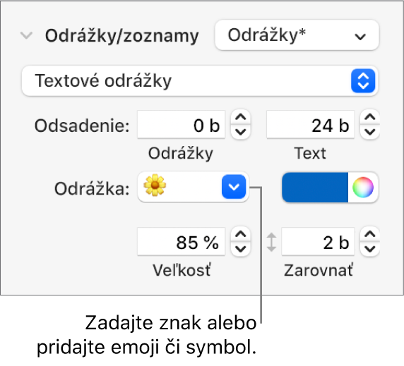 Časť Odrážky a zoznamy postranného panela Formát. Pole Odrážka zobrazuje emoji kvetu.