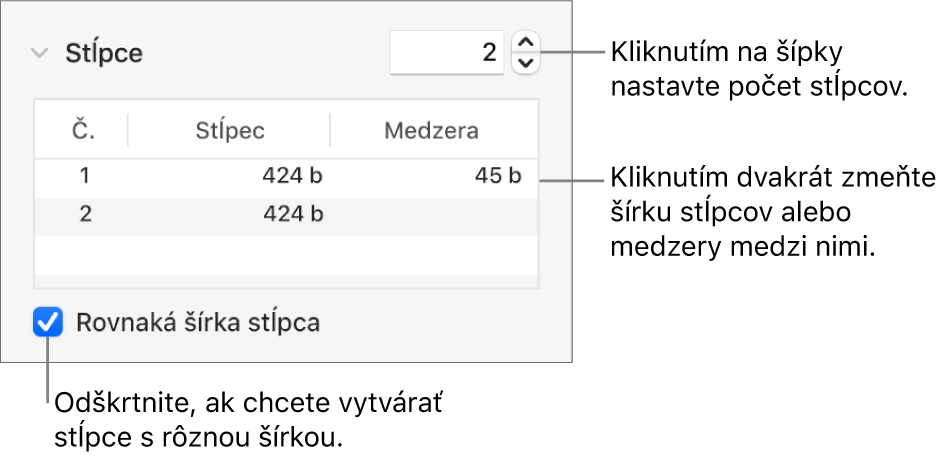 Ovládacie prvky v časti Stĺpce na zmenu počtu stĺpcov a šírky jednotlivých stĺpcov.