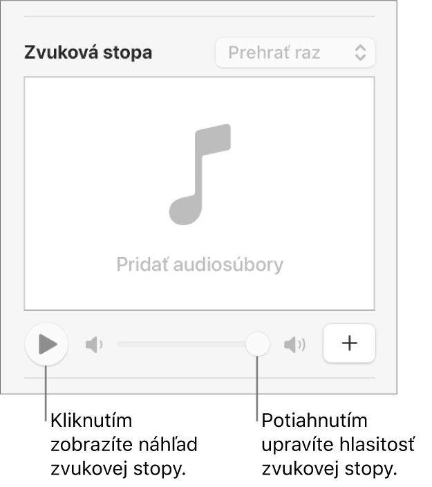 Ovládacie prvky Zvuková stopa so zvýrazneným tlačidlom Prehrať a posuvníkom hlasitosti.