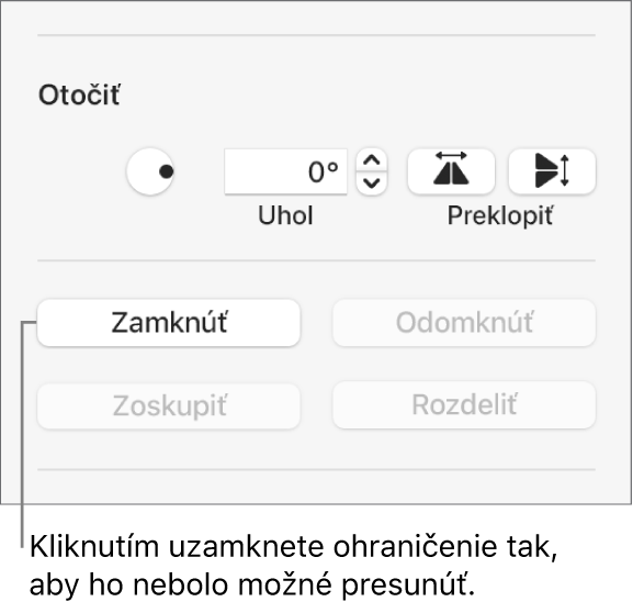 Ovládacie prvky Otočiť, Zamknúť a Zoskupiť so zvýrazneným tlačidlom Zamknúť.