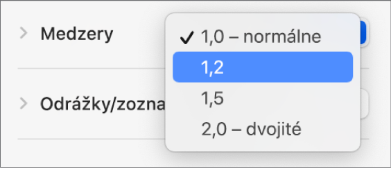 Vyskakovacie menu Medzery s možnosťami Jednoduché, Dvojité a ďalšími možnosťami.