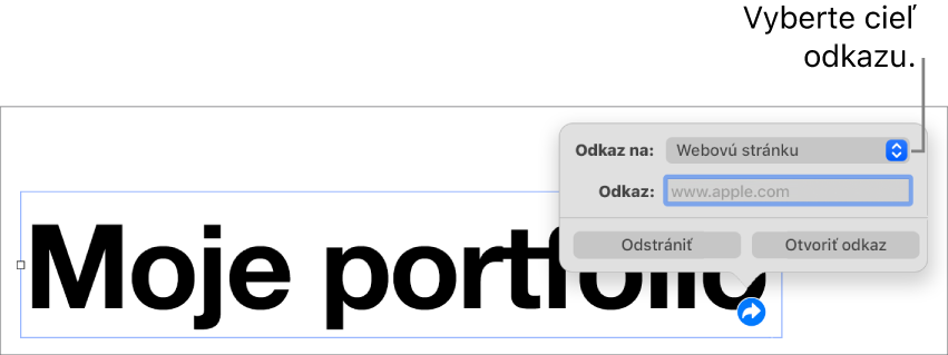 Ovládacie prvky editora odkazov s vybranou položkou Webová stránka a tlačidlami Odstrániť a Otvoriť odkaz v dolnej časti.