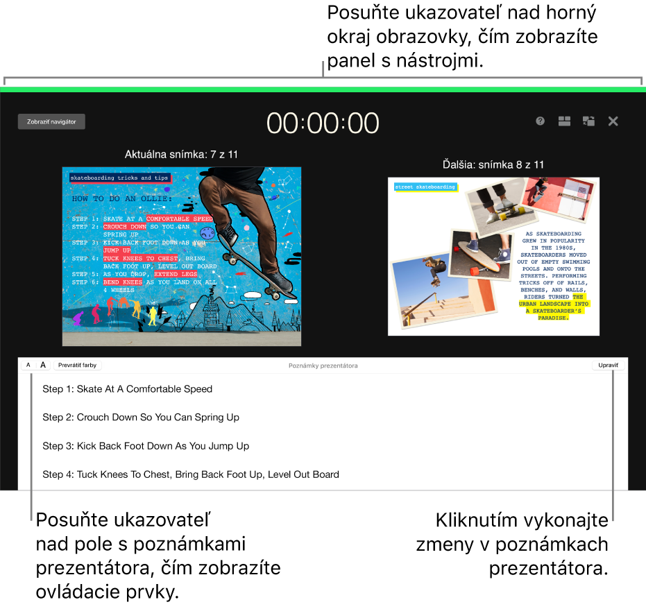 Displej prezentátora v Keynote s tlačidlami na otvorenie a zatvorenie navigátora snímok a možnosťami displeja v hornej časti obrazovky. Aktuálna snímka a nasledujúca snímka sa zobrazujú v strede obrazovky s poľom Poznámky prezentátora v spodnej časti.