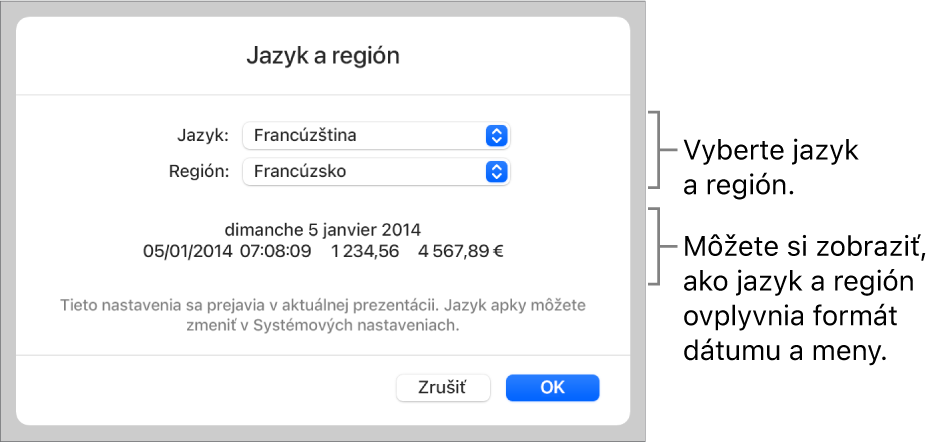 Panel Jazyk a región s ovládacími prvkami pre jazyk a región a príklad formátu dátumu, času, desatinného znaku a meny.