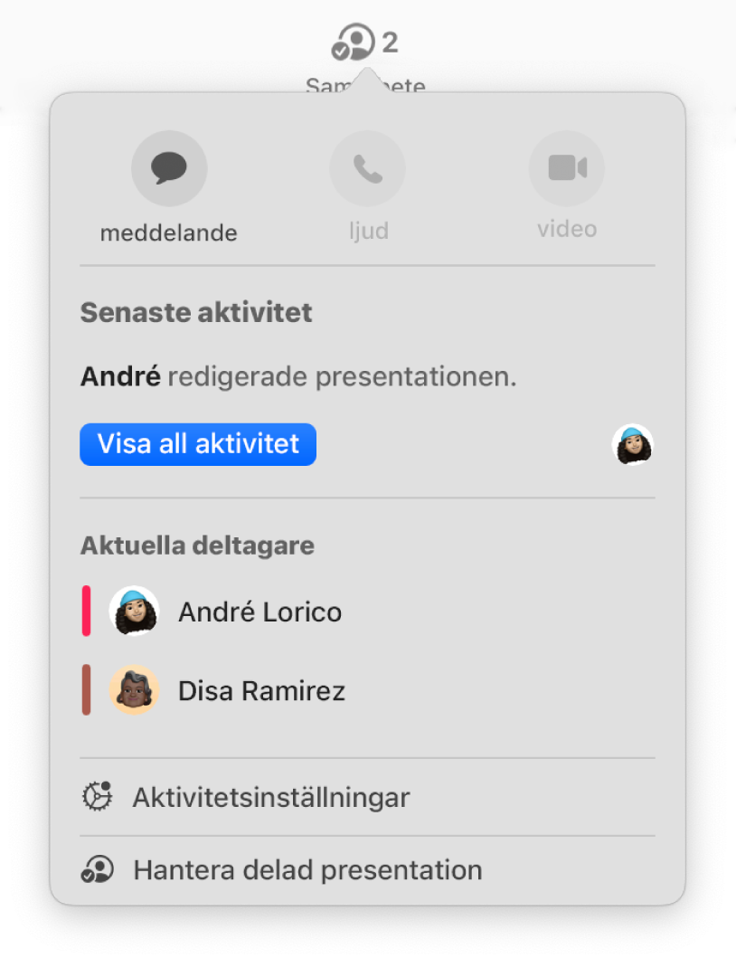 Samarbetsmenyn med namnen på de personer som samarbetar på en presentation.