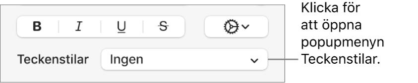 Popupmenyn Teckenstilar under reglage för att ändra textens stil och färg.