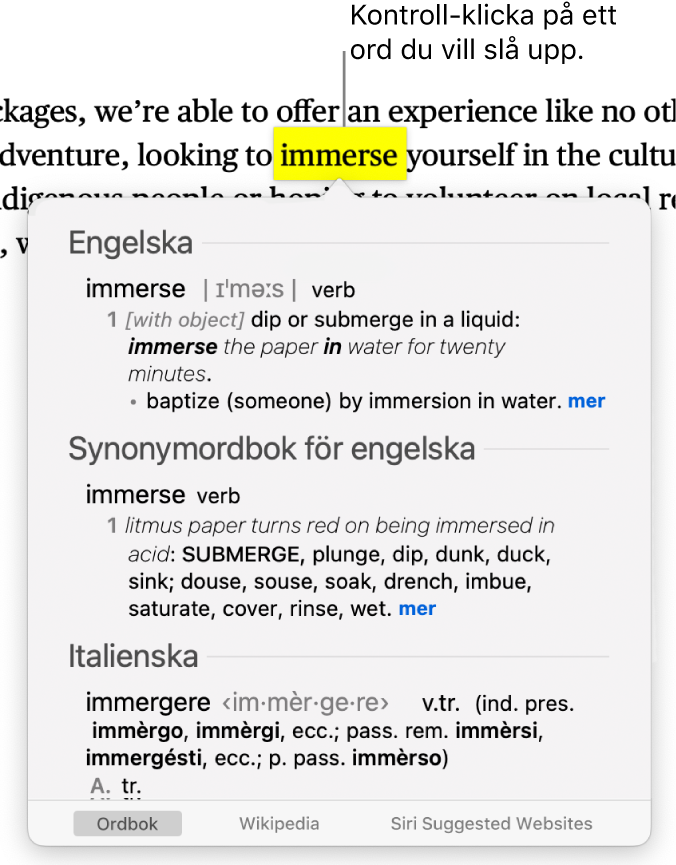 Text med ett markerat ord och ett fönster som visar en definition för ordet och en synonympost. Två knappar längst ned i fönstret innehåller länkar till ordlistan och till Wikipedia.