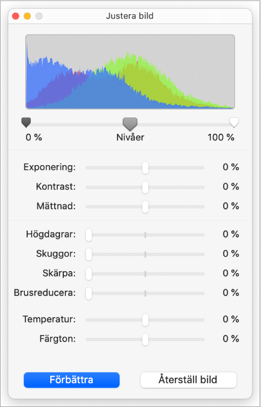 Fönstret Justera bild med reglage för exponering, kontrast, mättnad, högdagrar, skuggor, skärpa, brusreducering, temperatur och nyans.