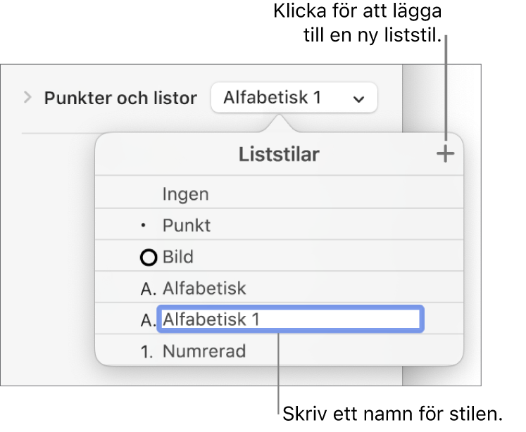 Popupmenyn Liststilar med en lägg till-knapp i det övre högra hörnet och ett platshållarstilnamn med markerad text.