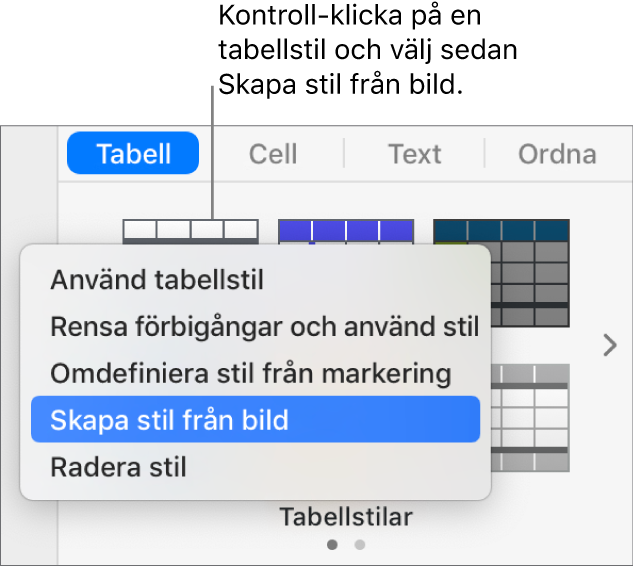 Kontextmenyn för tabellstilar.