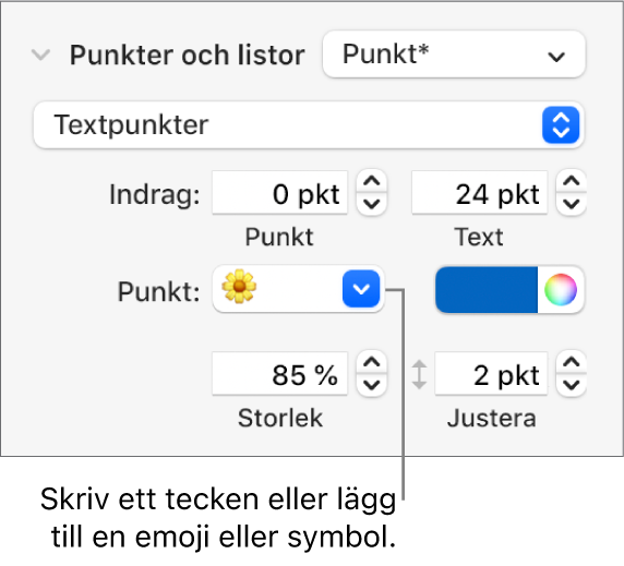 Avsnittet Punkter och listor i formatsidofältet. Fältet Punkt visar en blomemoji.