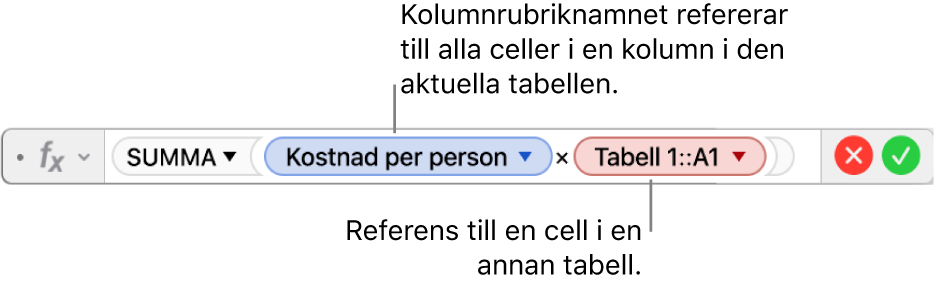 Formelredigeraren med en triangel som du klickar på för att öppna alternativ för att bevara rad- och kolumnreferenser.