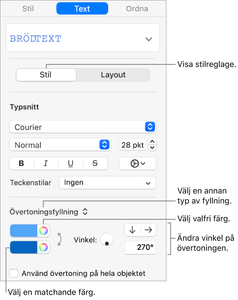 Reglage för att välja fördefinierade färger eller valfri färg.