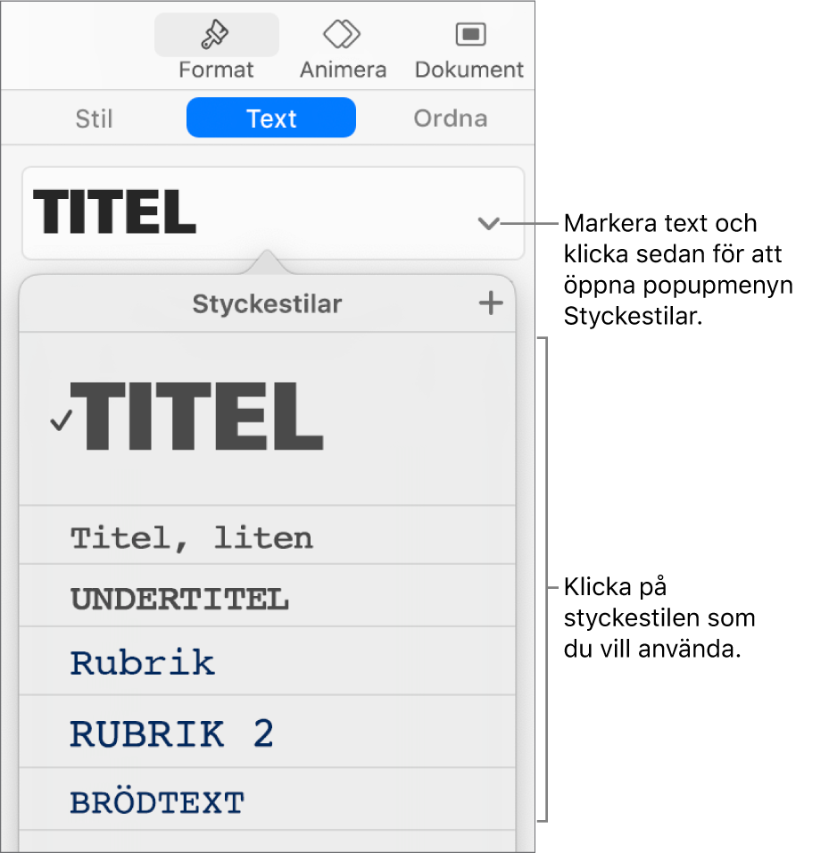 Menyn Styckestilar med en bockmarkering bredvid den valda stilen.