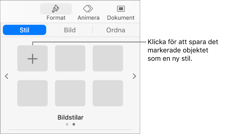 Fliken Stil i formatsidofältet med en textrutestil, knappen Skapa stil till höger om den och fyra tomma stilplatshållare.