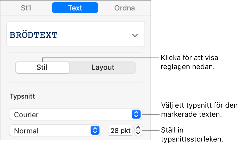 Textreglage för typsnitt och typsnittsstorlek under Stil i sidofältet.