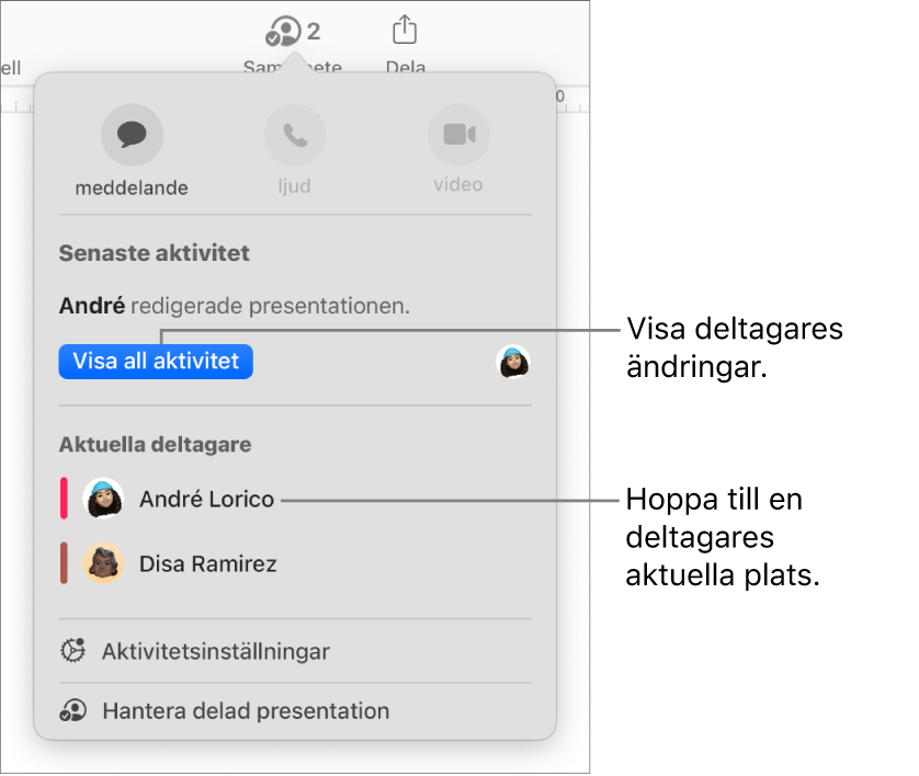 Samarbetsmenyn med två aktuella deltagare listade.