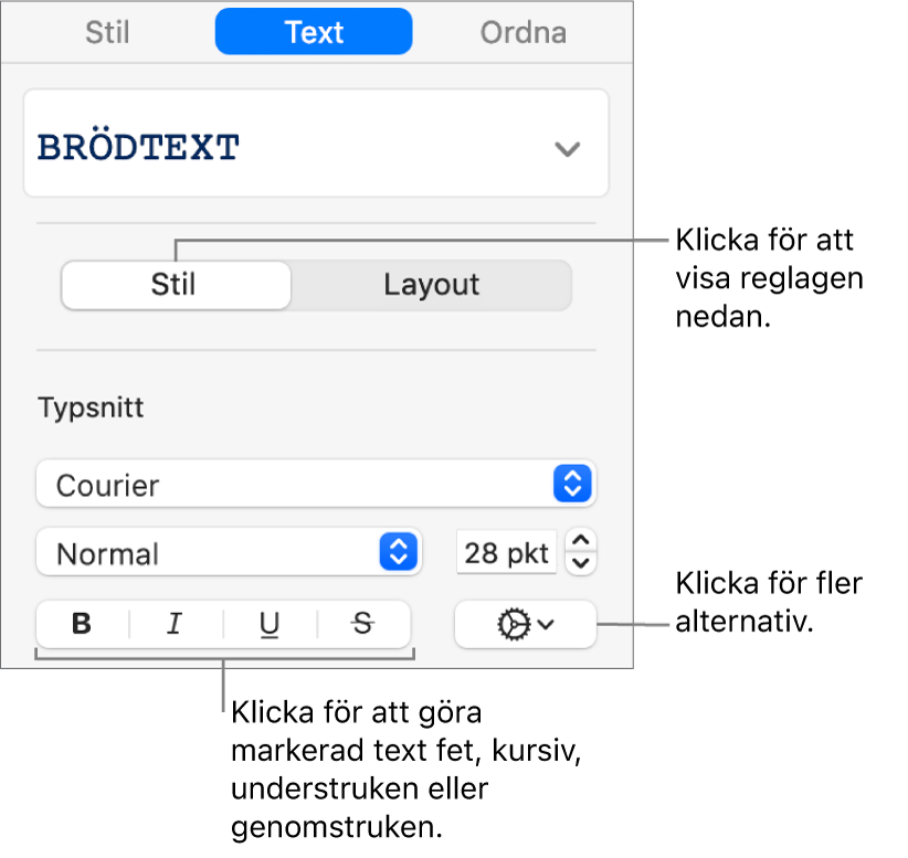 Stilreglagen i sidofältet med pilar som pekar på knapparna för fetstil, kursivering, understrykning och genomstrykning.