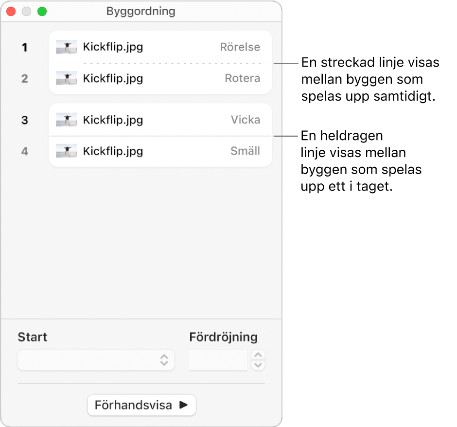 Menyn Byggordning med en streckad linje som visas mellan byggen som spelas upp samtidigt och en hel linje mellan byggen som spelas upp ett i taget.