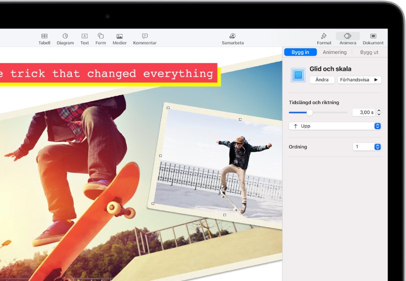 Animeringsreglagen för att lägga till animering till den markerade bilden. Knapparna Bygg in, Animering och Bygg ut finns högst upp i sidofältet. Bygg in är valt och visar reglage för effekten Glid och skala.