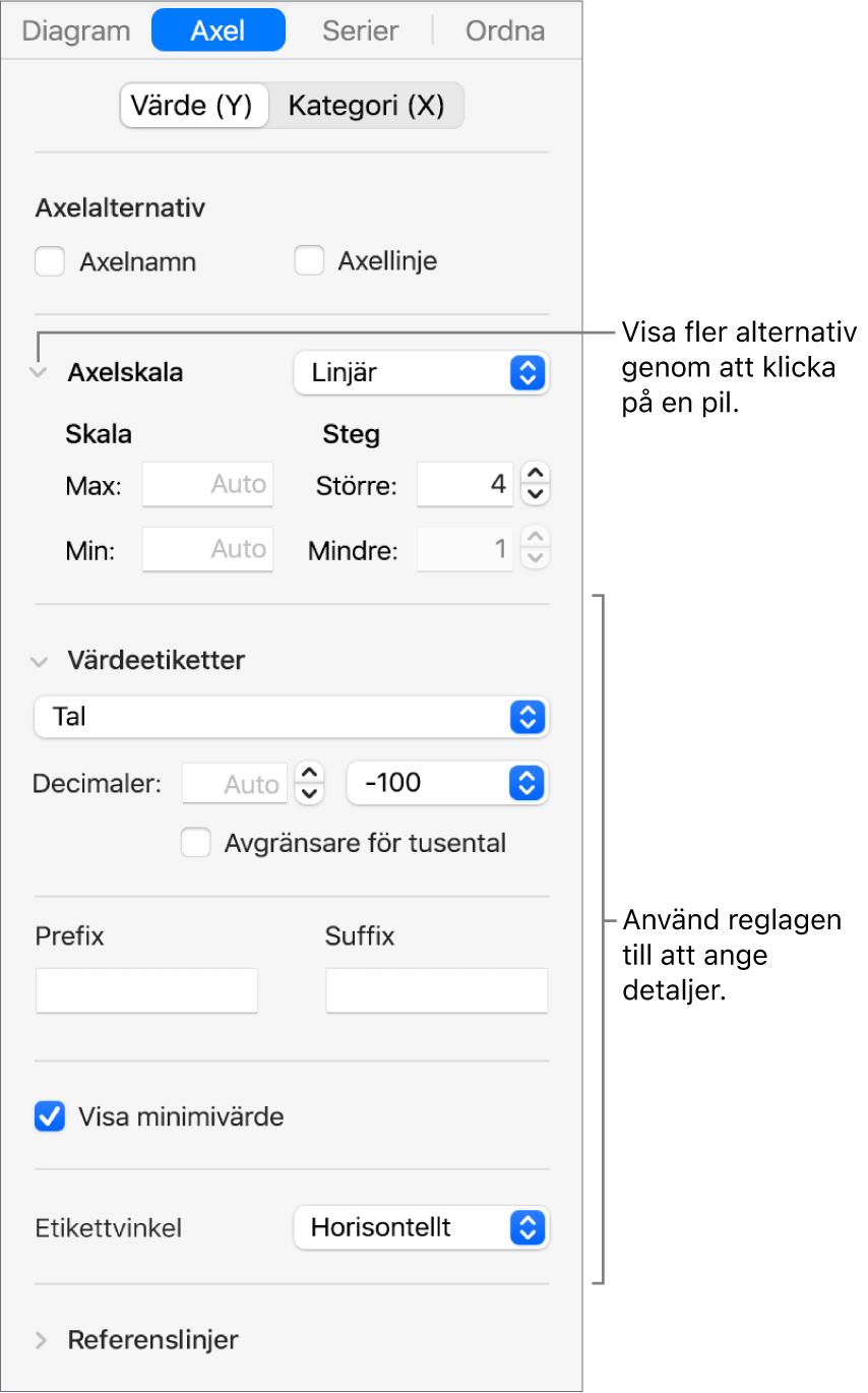 Reglage för formatering av diagramaxelmarkeringar.