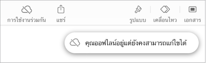ปุ่มต่างๆ ด้านบนสุดของหน้าจอ ซึ่งมีปุ่มการใช้งานร่วมกันที่เปลี่ยนเป็นรูปเมฆที่มีเส้นทแยงมุมทะลุผ่าน การเตือนบนหน้าจอแจ้งว่า “คุณออฟไลน์อยู่แต่ยังคงสามารถแก้ไขได้”