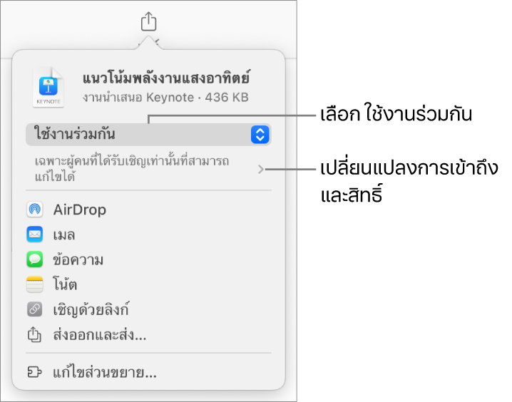 เมนูแชร์ที่มีใช้งานร่วมกันถูกเลือกอยู่ที่ด้านบนสุด และการตั้งค่าการเข้าถึงและสิทธิ์อยู่ที่ด้านล่าง