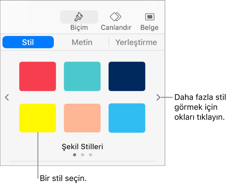 Solunda ve sağında dolaşma okları olmak üzere altı nesne stiliyle Biçim kenar çubuğunun Stil sekmesi.