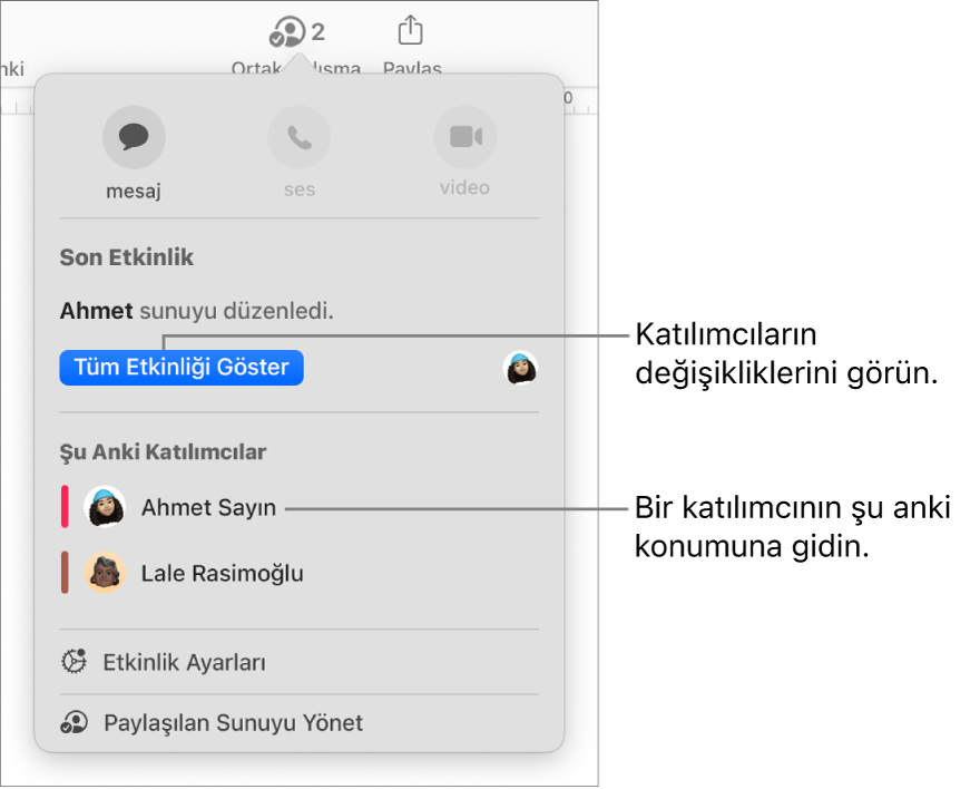Ortak çalışma menüsünde iki güncel katılımcı listeleniyor.