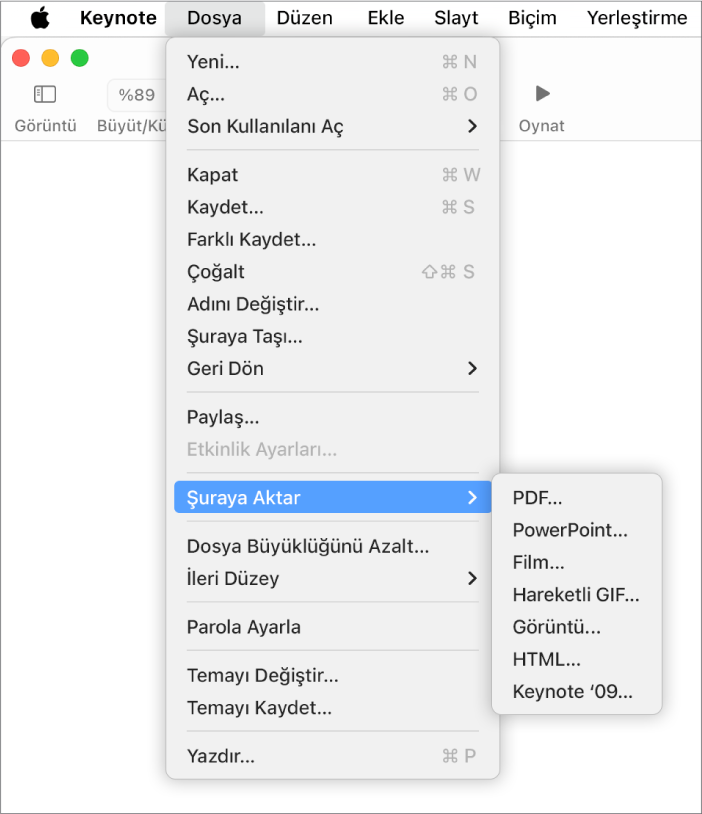 Şuraya Aktar seçilmiş ve alt menüde PDF, PowerPoint, Movie, HTML, Görüntüler ve Keynote ’09 için dışa aktarma seçenekleri gösterilen Dosya menüsü.