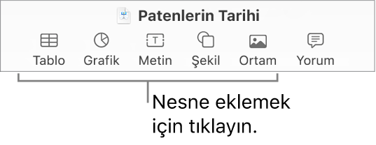 Tablo, Grafik, Metin, Şekil ve Ortamlar düğmeleriyle Keynote araç çubuğu.