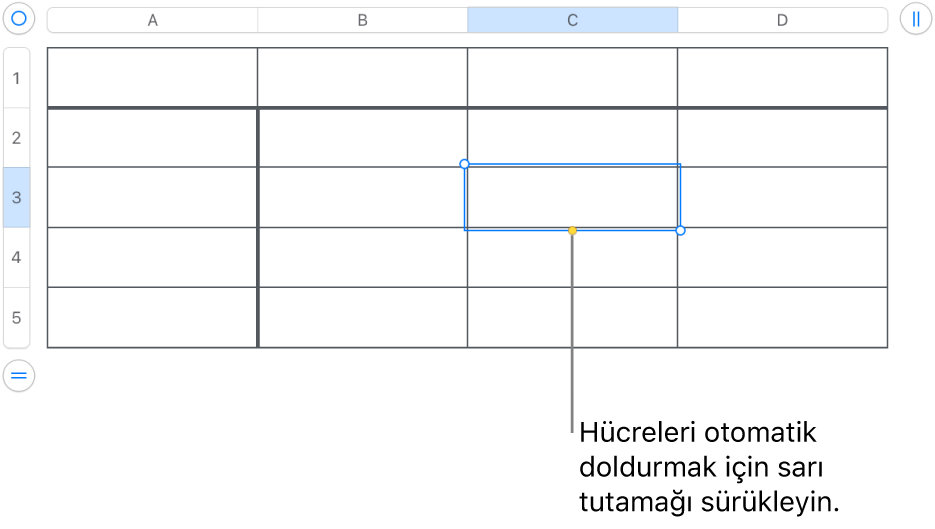 Hücreleri otomatik doldurmak için sürükleyebileceğiniz bir sarı tutamağı olan seçili hücre.