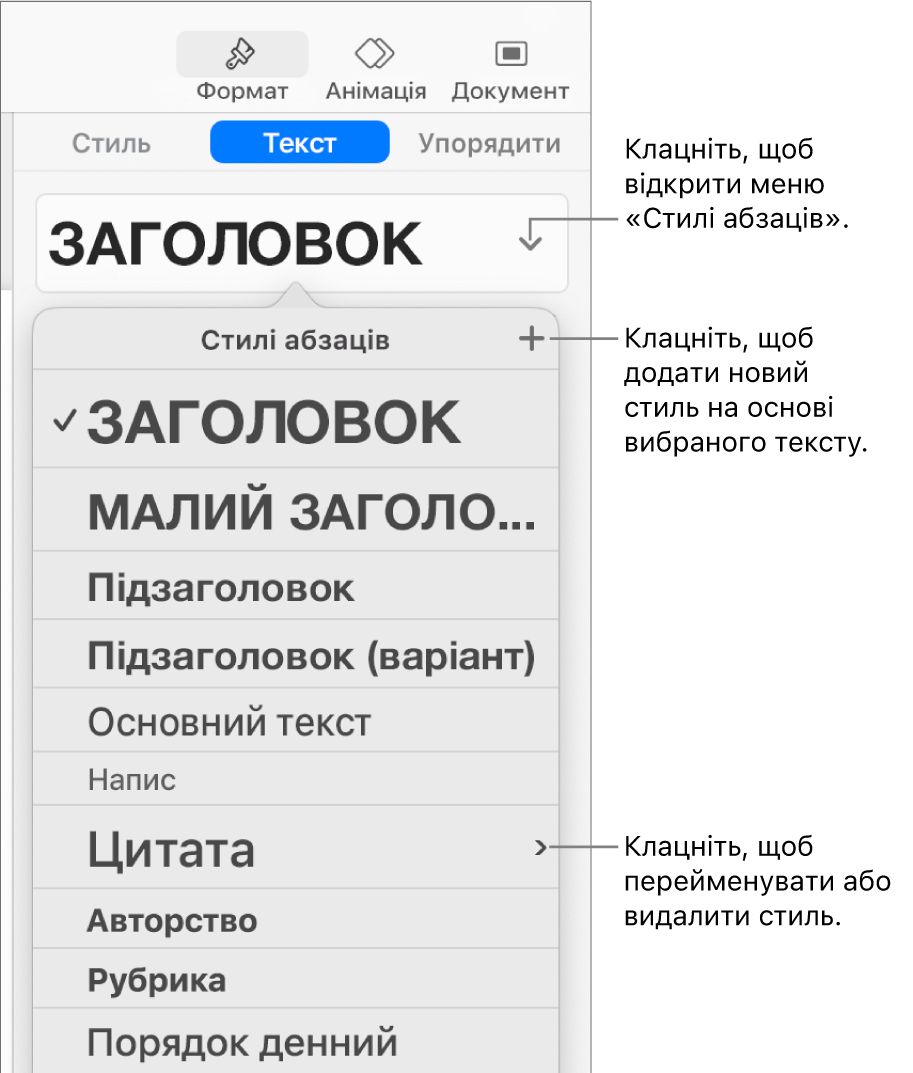 Меню «Стилі абзаців» з елементами керування для додавання чи зміни стилю.
