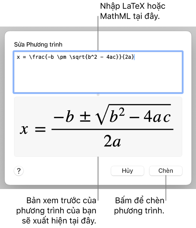 Hộp thoại Sửa phương trình, đang hiển thị công thức bậc hai được viết bằng LaTeX trong trường Sửa phương trình và bản xem trước của phương trình ở bên dưới.