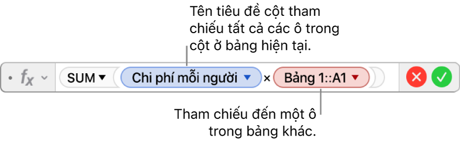 Trình sửa công thức có tam giác mà bạn bấm vào để mở các tùy chọn để bảo lưu các tham chiếu hàng và cột.