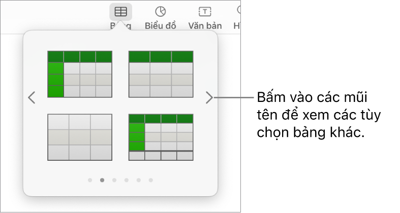 Khung Thêm bảng với các mũi tên điều hướng ở bên trái và phải.