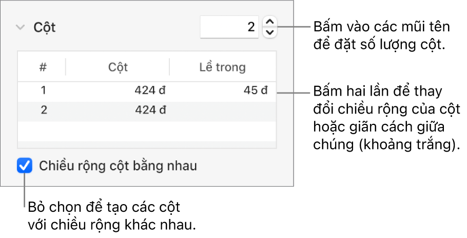 Các điều khiển trong phần cột để thay đổi số lượng cột và chiều rộng của từng cột.