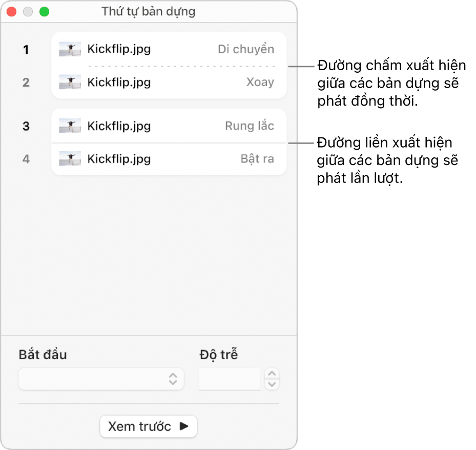 Menu Thứ tự dựng, với đường nét chấm đang xuất hiện giữa các bản dựng phát đồng thời và đường nét liền giữa các bản dựng sẽ phát lần lượt.