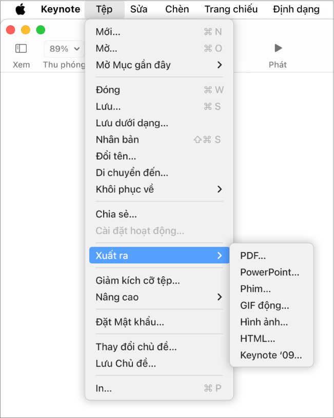 Menu Tệp mở với Xuất ra được chọn và menu con đang hiển thị các tùy chọn xuất cho PDF, PowerPoint, Phim, HTML, Hình ảnh và Keynote ’09.