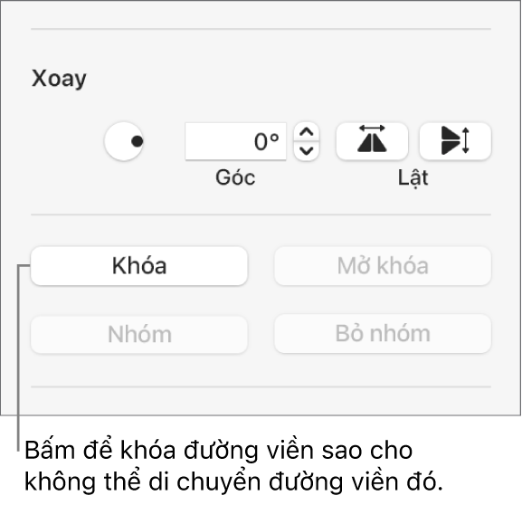Các điều khiển Xoay, Khóa và Nhóm đối tượng với nút Khóa được gọi ra.