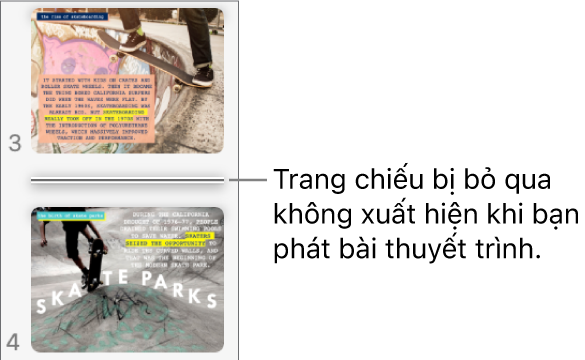 Trình điều hướng trang chiếu với trang chiếu bị bỏ qua đang hiển thị dưới dạng một đường ngang.