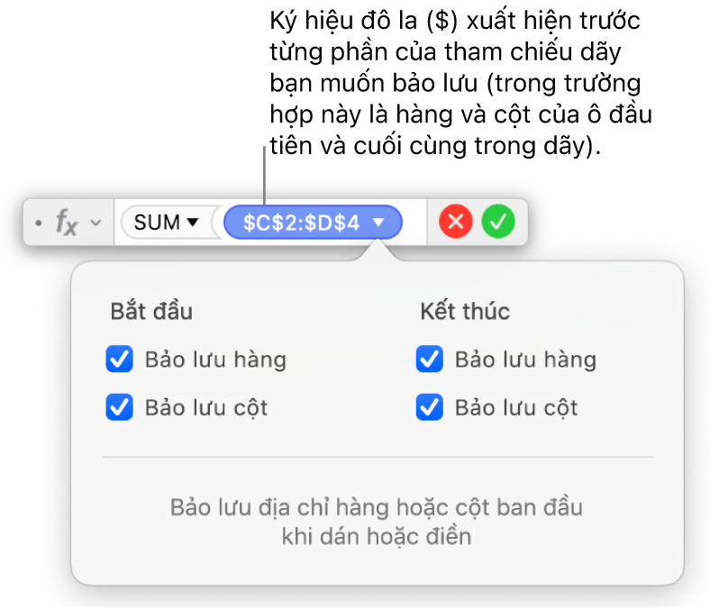 Trình sửa công thức đang hiển thị các tùy chọn Bảo lưu hàng và Bảo lưu cột được chọn cho một phạm vi nhất định.